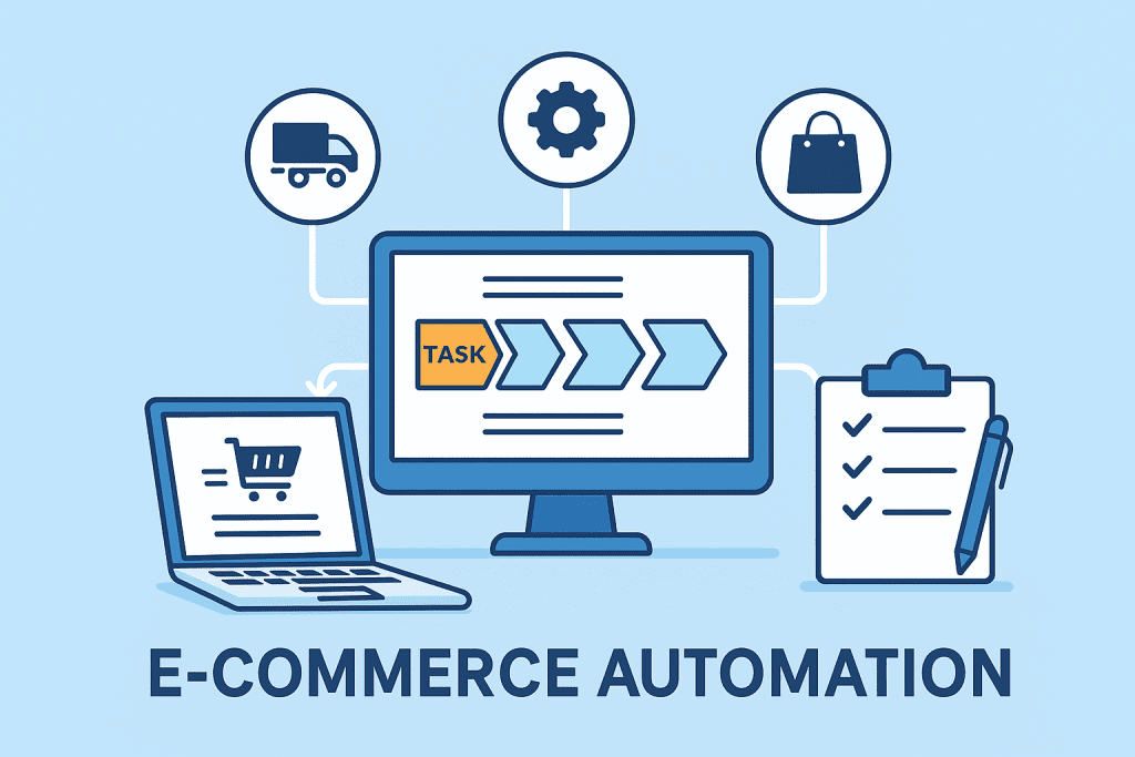 Illustration graphique d’un système d’automatisation e-commerce connecté à des outils de suivi livraisons Tunisie, gestion de tâches, et flux logistique digital.