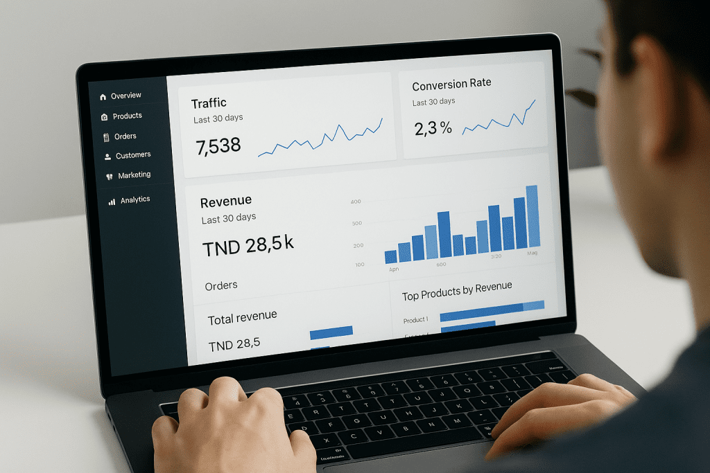 Analyse de la performance e-commerce en Tunisie sur un tableau de bord affichant le trafic, les revenus et le taux de conversion.