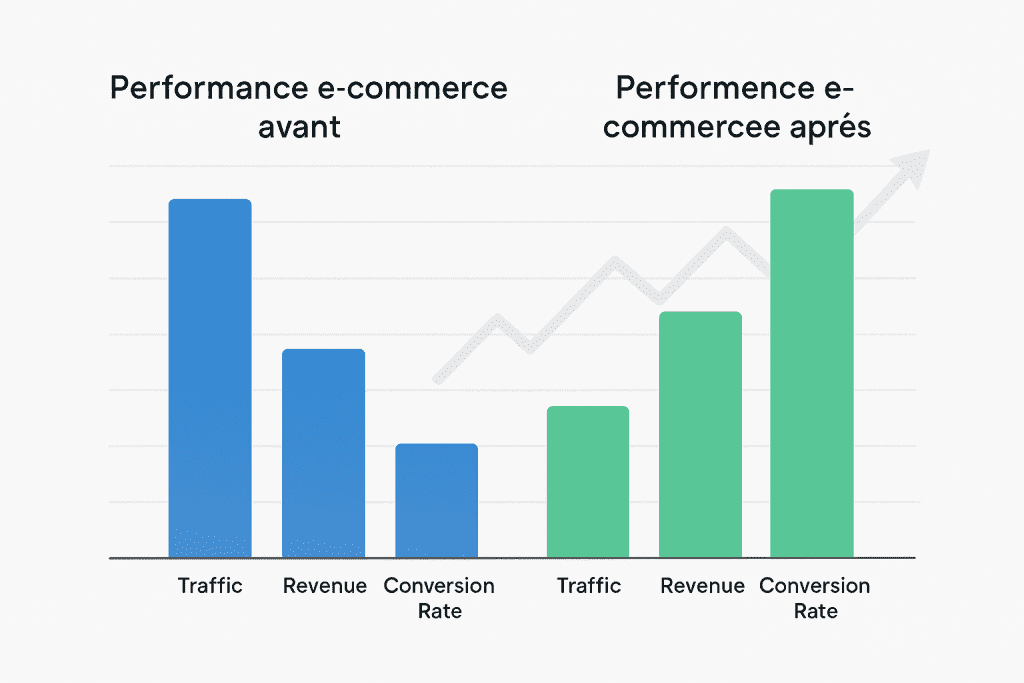 Comparaison des performances e-commerce en Tunisie avant et après analyse, montrant l’évolution du trafic, des revenus et du taux de conversion.