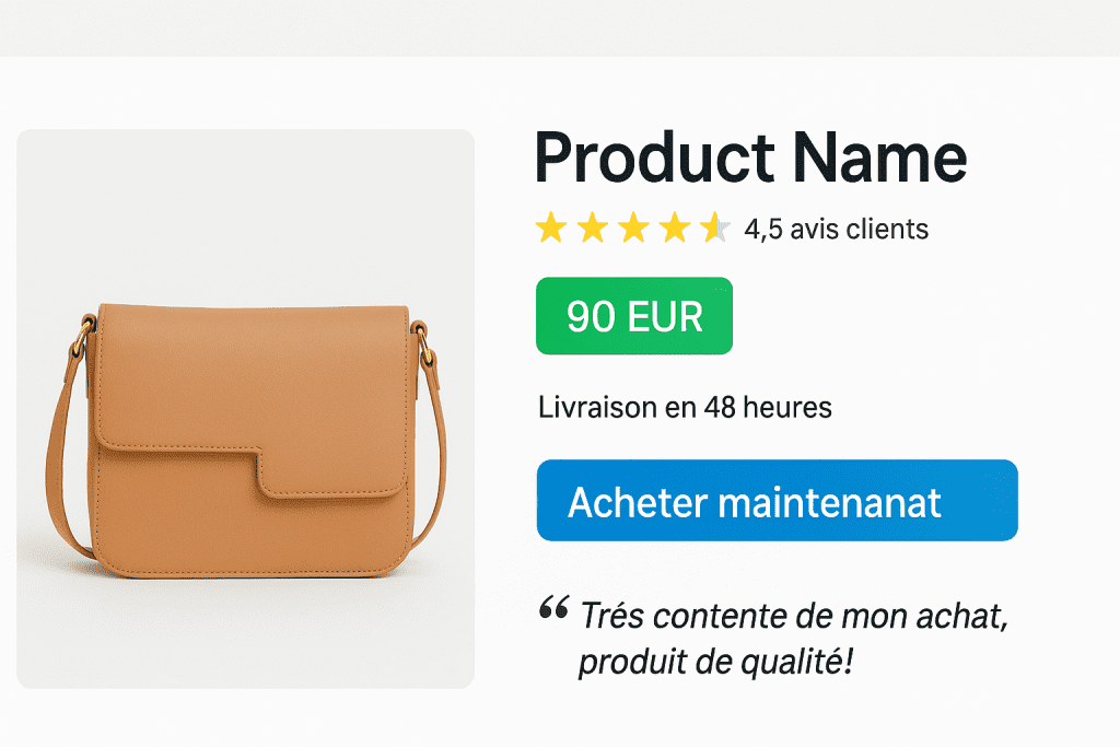 Fiche produit optimisée pour le e-commerce en Tunisie avec prix visible, bouton d’achat clair et avis client positif.
