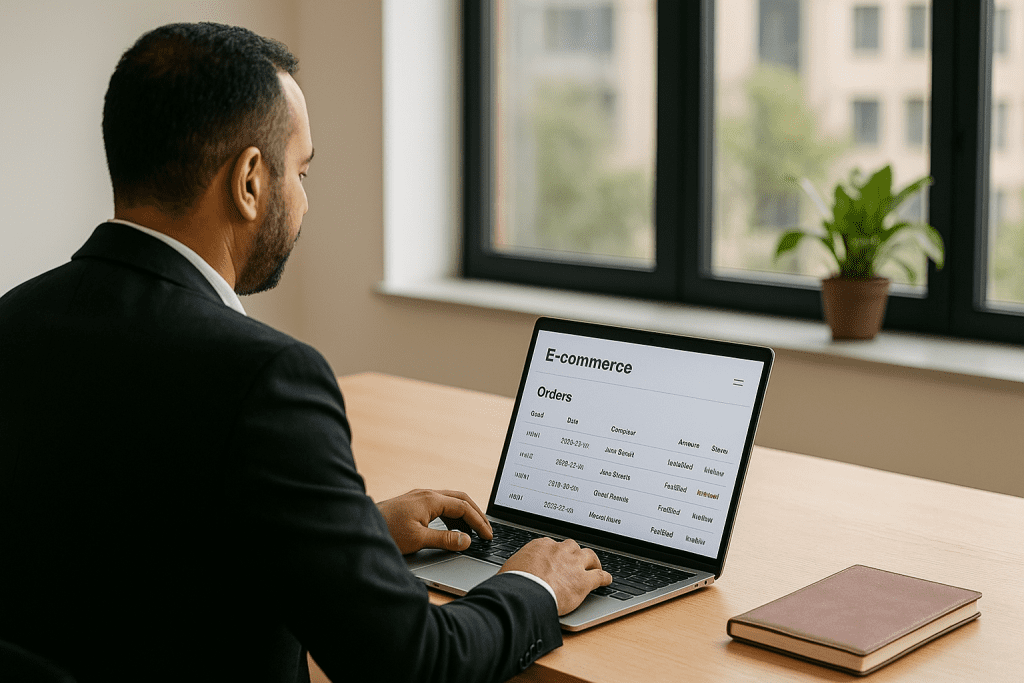 Jeune entrepreneur tunisien travaillant sur une plateforme d’e-commerce en Tunisie, affichant la gestion des commandes sur un écran dans un bureau moderne.