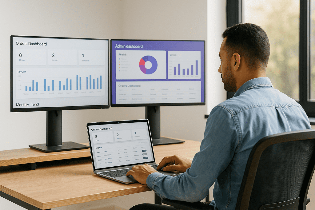 Tunisian entrepreneur travaillant sur la centralisation des commandes depuis un poste avec plusieurs écrans dans un bureau moderne.