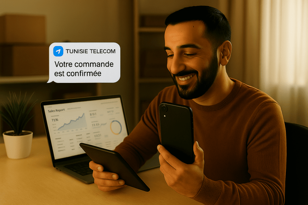Un commerçant tunisien vérifie une notification “Votre commande est confirmée” envoyée via SMS marketing Tunisie, avec un rapport de ventes affiché sur son ordinateur portable.