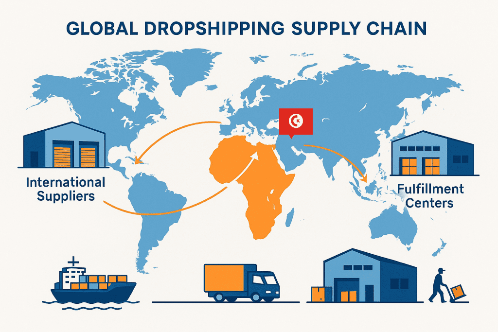 Illustration professionnelle d'une chaîne d'approvisionnement dropshipping globale montrant une carte du monde avec des routes de livraison reliant les Fournisseur Dropshipping Tunisie internationaux aux centres de fulfillment, avec la Tunisie mise en évidence par un drapeau rouge. L'image inclut des entrepôts, des navires cargo, des camions de livraison et un livreur, dans un style infographique moderne bleu et orange.