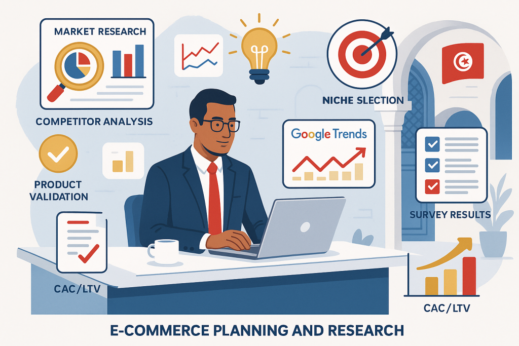 Planification et recherche pour lancer un e-commerce en Tunisie.