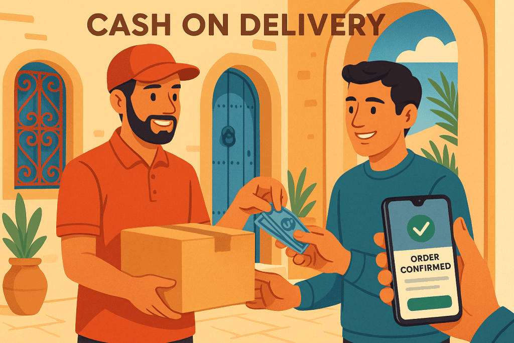 Illustration chaleureuse du processus de paiement à la livraison (COD) en Tunisie, montrant un livreur tunisien souriant en uniforme rouge remettant un colis à un client satisfait qui paie en espèces, avec un smartphone affichant 'ORDER CONFIRMED'. L'arrière-plan présente une architecture tunisienne traditionnelle avec une porte bleue et des éléments décoratifs, dans des tons méditerranéens chaleureux.