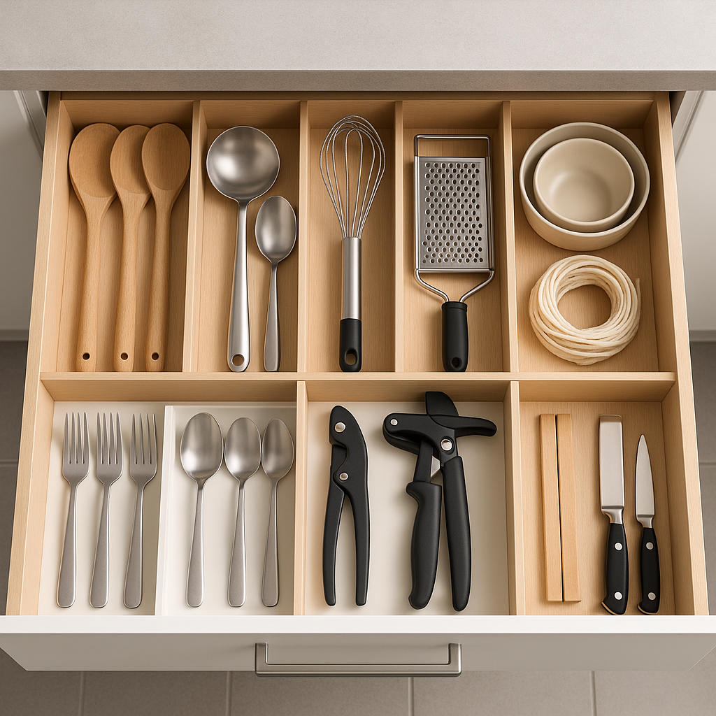 "Tiroir cuisine organisé avec séparateurs - idée produit dropshipping Tunisie pour solutions de rangement et organisation maison"